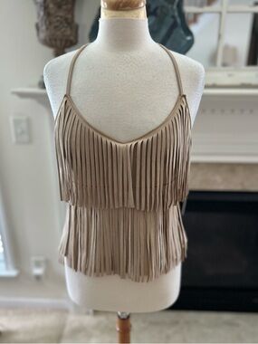 Moa Moa Fringe, cropped Halter Top in Tan